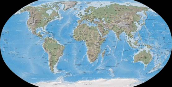 擬円筒図法の一種であるロビンソン図法（Robinson Projection）の世界地図